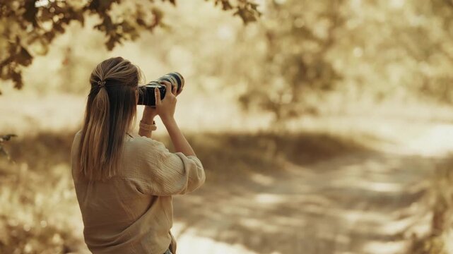 Photographer Taking Pictures With Photo Camera In Forest During Outdoor Nature Walk