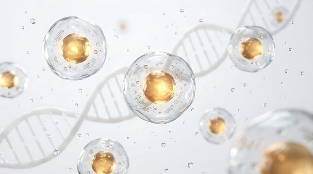 Biological cells with golden nuclei and dna strands floating in clear liquid