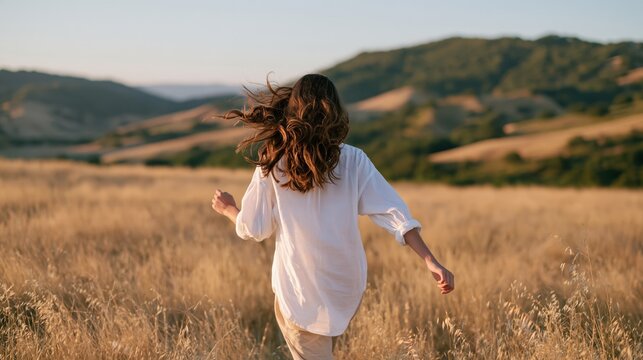 Woman running through a sunlit meadow in a white shirt with rolling hills in the distance