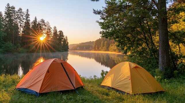Two colorful camping tents sit beside a forest river in the warm light of sunrise