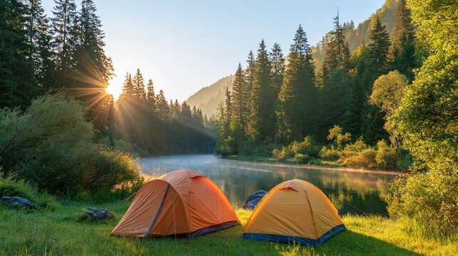 Two colorful camping tents beside a forest river at sunrise in a peaceful mountain wilderness