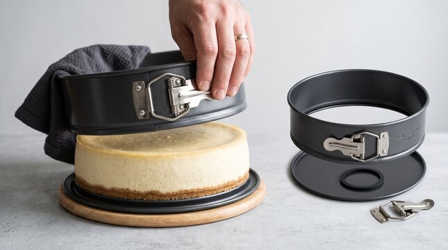 Removing the metal ring of a springform pan from a freshly baked cheesecake.