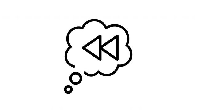 Animated black thought bubble with rewind symbol evokes nostalgia, memories, and history, suitable for retro designs, storytelling, and archival themes projects.