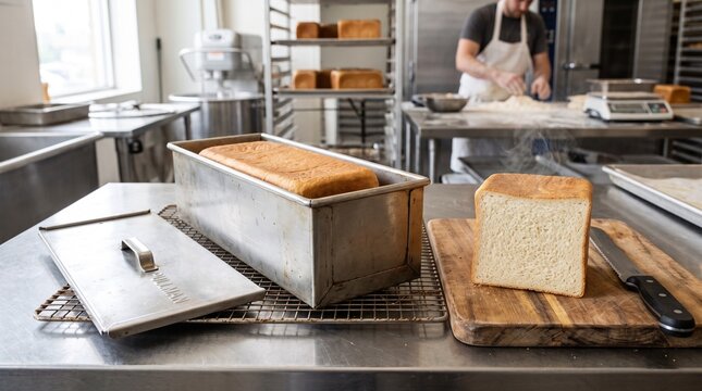 Freshly Baked Sliced Pullman Bread Loaf in Professional Bakery Kitchen.