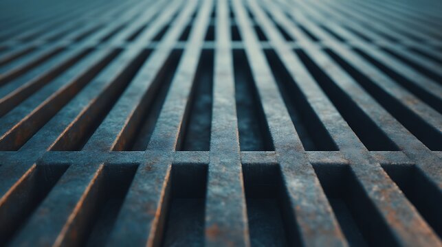 Close-up image of rusted metal grating with parallel bars and a shallow depth of field, highlighting texture and industrial wear.