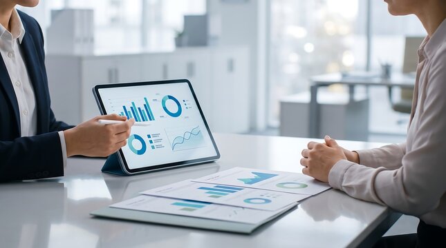 Business people analyzing financial charts on tablet during office meeting session with professional presentation of data trends and corporate growth metrics for strategic planning