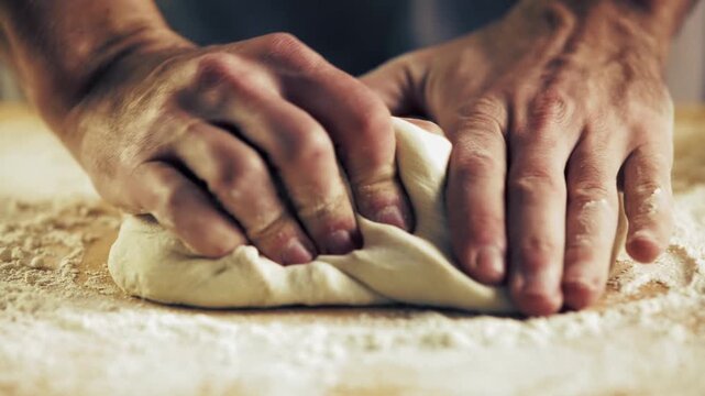 Baker Kneading Dough By Hand On Wooden Table Dusted With Flour. Bread Preparation