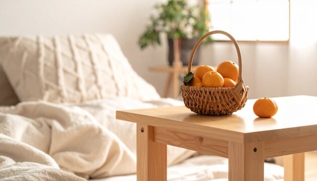 冬の明るい部屋の座卓とかごに盛ったみかん