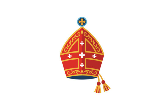 A vibrant red mitre hat featuring golden cross religious symbols