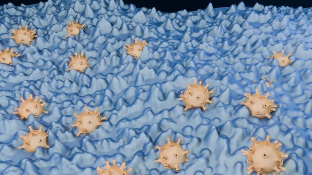Virus budding micrograph loop scanning electron microscope cell surface orange virions on a wavy blue cell surface ideal for virology lessons research presentations science news and biotech websites