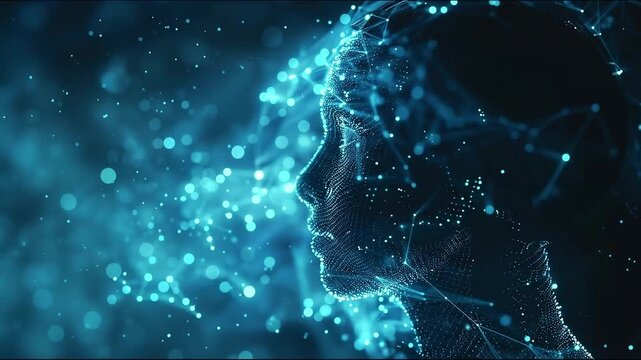 Artistic silhouette profile of human head glowing with intricate digital neural network and data flow