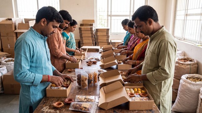 Staff packing corporate Diwali gift hampers in a small business