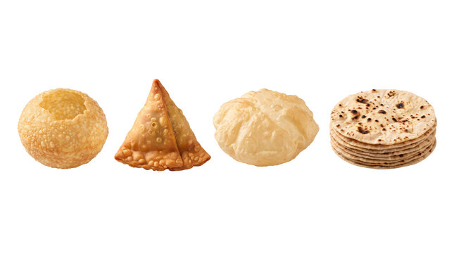 Indian snacks panipuri samosa puri and roti aligned in a row