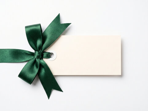Minimalist Christmas greeting card mockup template with elegant dark green ribbon bow