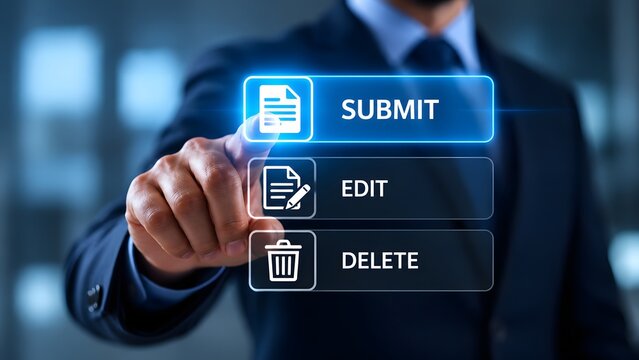 Close up of a businessman hand interacting with a futuristic digital interface, selecting a submit button to process data, edit, or delete information online.