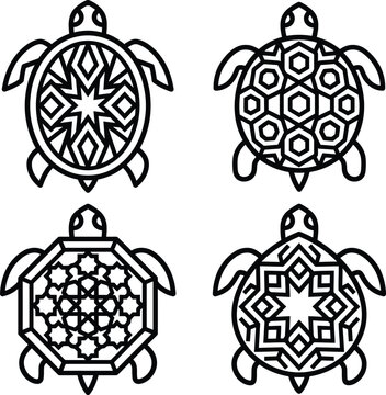 Vector assortment of four geometric sea turtle icons with intricate mandala and tribal patterned shells.