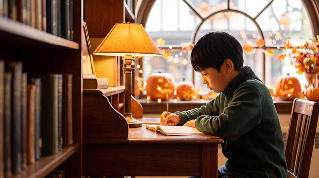 図書館の静かな机でノートに向かい勉強する小学生 ｜ デスクライト
