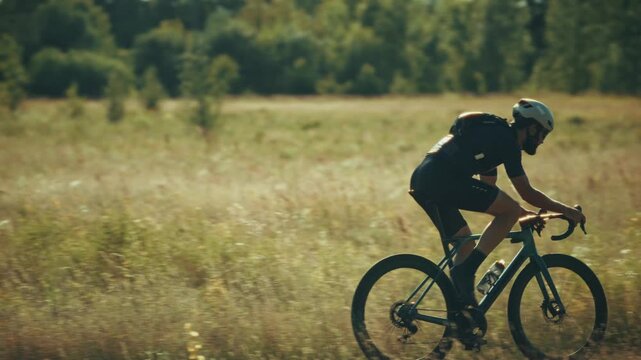 Cyclist Riding Bicycle Through Dry Grass Field During Training