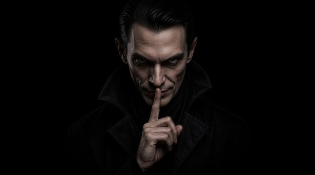 A sinister man in a dark coat holds a finger to his lips, signaling silence with an intense, shadowed expression against a black background.