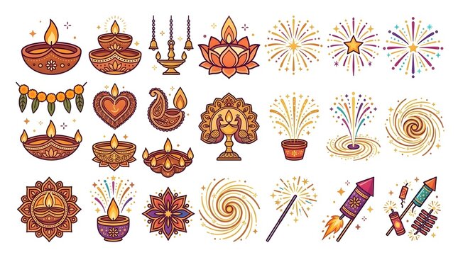 Diwali Festival Vector Illustration Set with Traditional Clay Diyas Fireworks Rangoli Floral Ornaments and Decorative Indian Celebration Elements