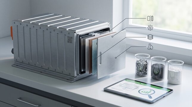 EV battery passport traceability diagram showing internal layers qr code glass beakers and digital sustainability report tablet.