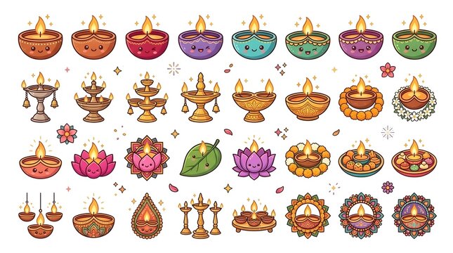 Cute Diya Oil Lamps and Traditional Indian Diwali Festival Decorations Cartoon Vector Illustration Set