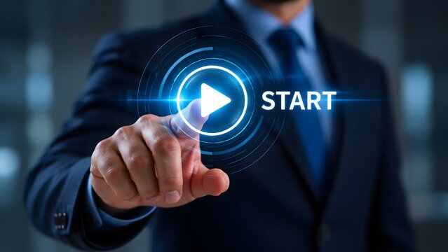Businessman in a suit touching a glowing holographic start button interface, symbolizing the beginning of a new business project, venture, or digital transformation.