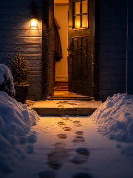 Warm porch light guides footsteps through snow to open front door