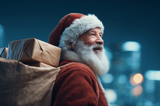 A man in a Santa Claus costume carries several wrapped gifts on his back, a city evening, a backdrop with lights and buildings, and a winter atmosphere.