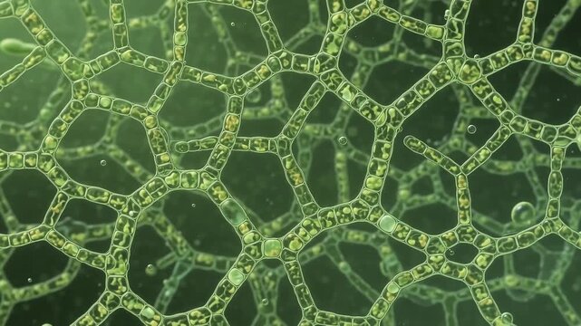 Microscopic green bacteria cells branching and floating in a dark liquid medium