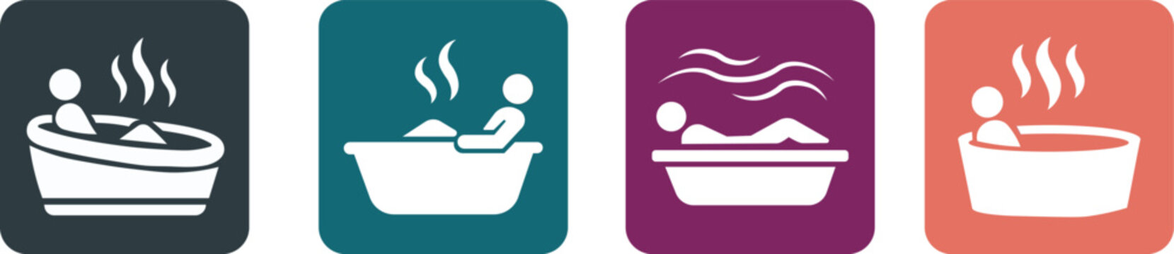 Spa and relaxation icon set featuring person bathing in hot tub jacuzzi and sauna steam for wellness therapy and self care vector illustration