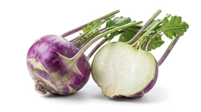 Purple kohlrabi bulb with cut side showing white interior on white background