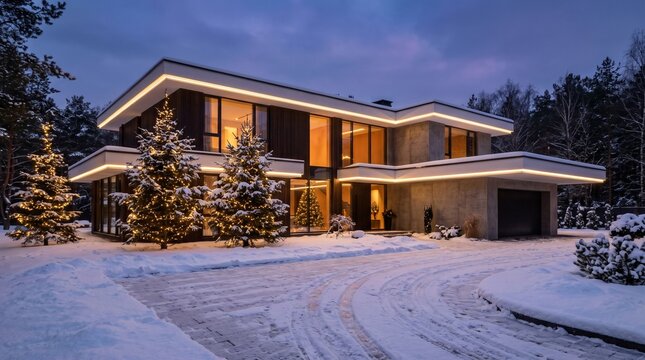 Modern house illuminated at night surrounded by snow-covered trees  