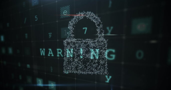 Digital lock icon with warning text highlighting cybersecurity threat concept
