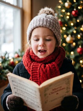Young girl singing Christmas carols in cozy winter setting  