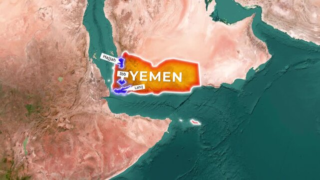 Digital map of Yemen highlighting major provinces Hajjah and Ibb, with Lahij