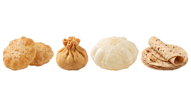 Indian bread variety featuring puri kachori bhatura and roti