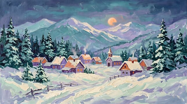Scenic Winter Village Landscape Oil Painting Under a Full Moonlit Night Sky