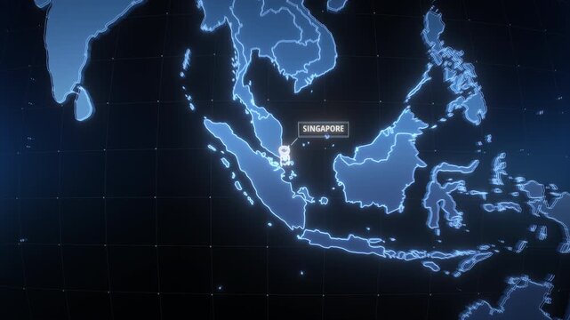 Animated zoom from a holographic blue globe to Singapore with a location pin, animated rectangle highlight and text label, a futuristic digital map graphic for news, travel and business.