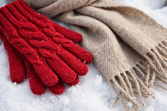 Red knit gloves and wool scarf resting on fresh snow in winter