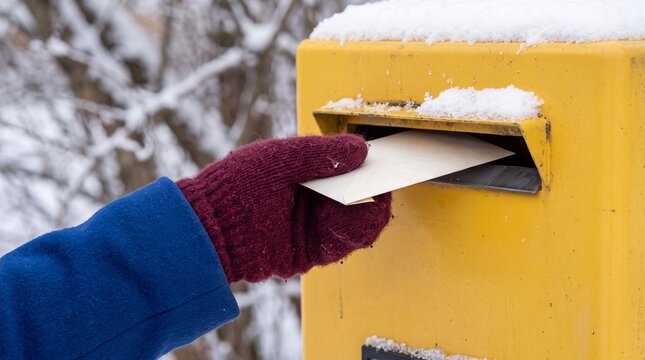 gloved hand dropping a letter into a snow covered yellow mailbox in winter