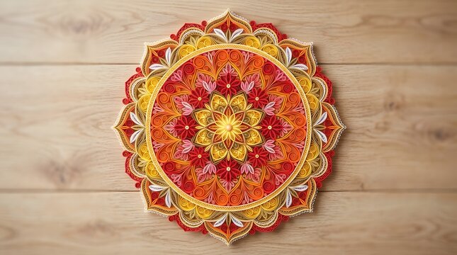 Intricate orange and yellow mandala design resting on a light wood surface