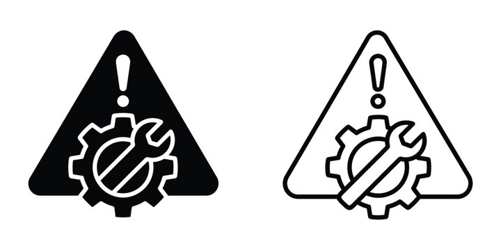Warning sign icons featuring gear and wrench inside triangular alert symbols for maintenance or technical issues