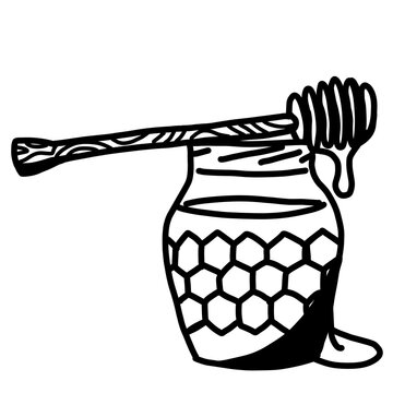 Cartoon honey jar with dripping honey and bee‑pattern texture, bold black‑and‑white line art for sweet‑themed designs