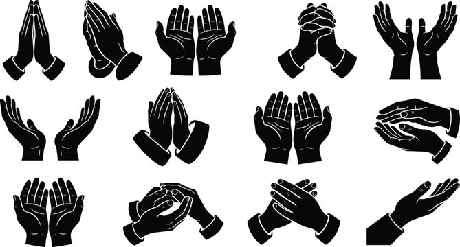 Hands in Prayer Icons Set, Various Gestures and Positions Displayed in a Minimalist Black and White Design. with Worship