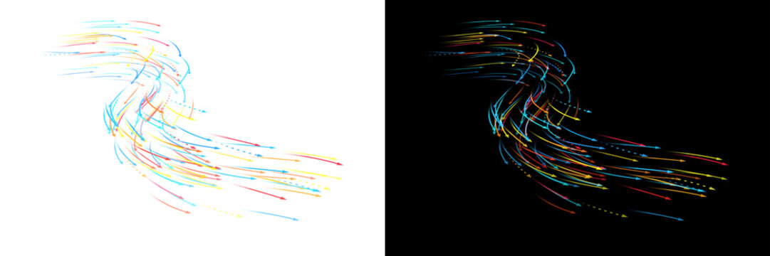 Abstract flowing gradient wave lines with arrowheads in blue, orange and similar hues on transparent background, creating an elegant, futuristic design with glowing curves and a sense of motion. 