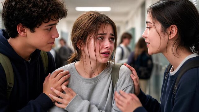 Teenage friends comforting crying girl in school hallway. Supportive peers offering emotional help during difficult moment. Close-up tracking shot.