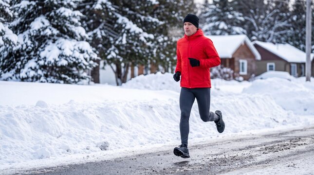 athletic man in bright red jacket running on icy suburban road in winter
