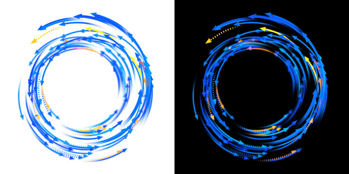 Concentric abstract flowing gradient lines with arrowheads in blue and yellow on transparent bg, creating an elegant, futuristic design with glowing curves and a sense of motion. Selective focus