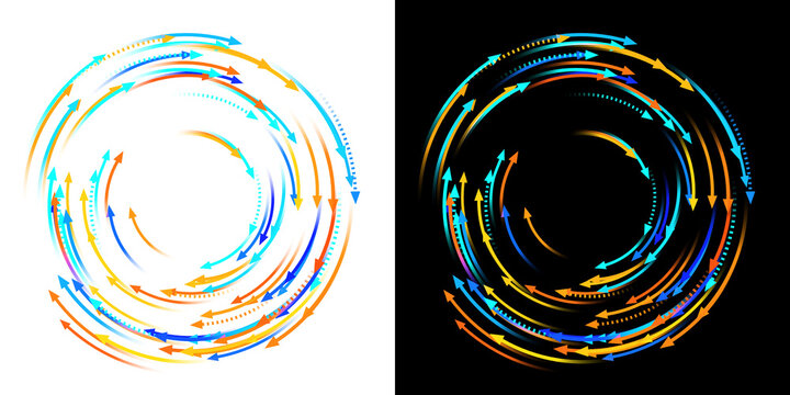 Concentric abstract flowing gradient lines with arrowheads in blue, orange and similar hues on transparent background, creating an elegant, futuristic design with glowing curves and a sense of motion.